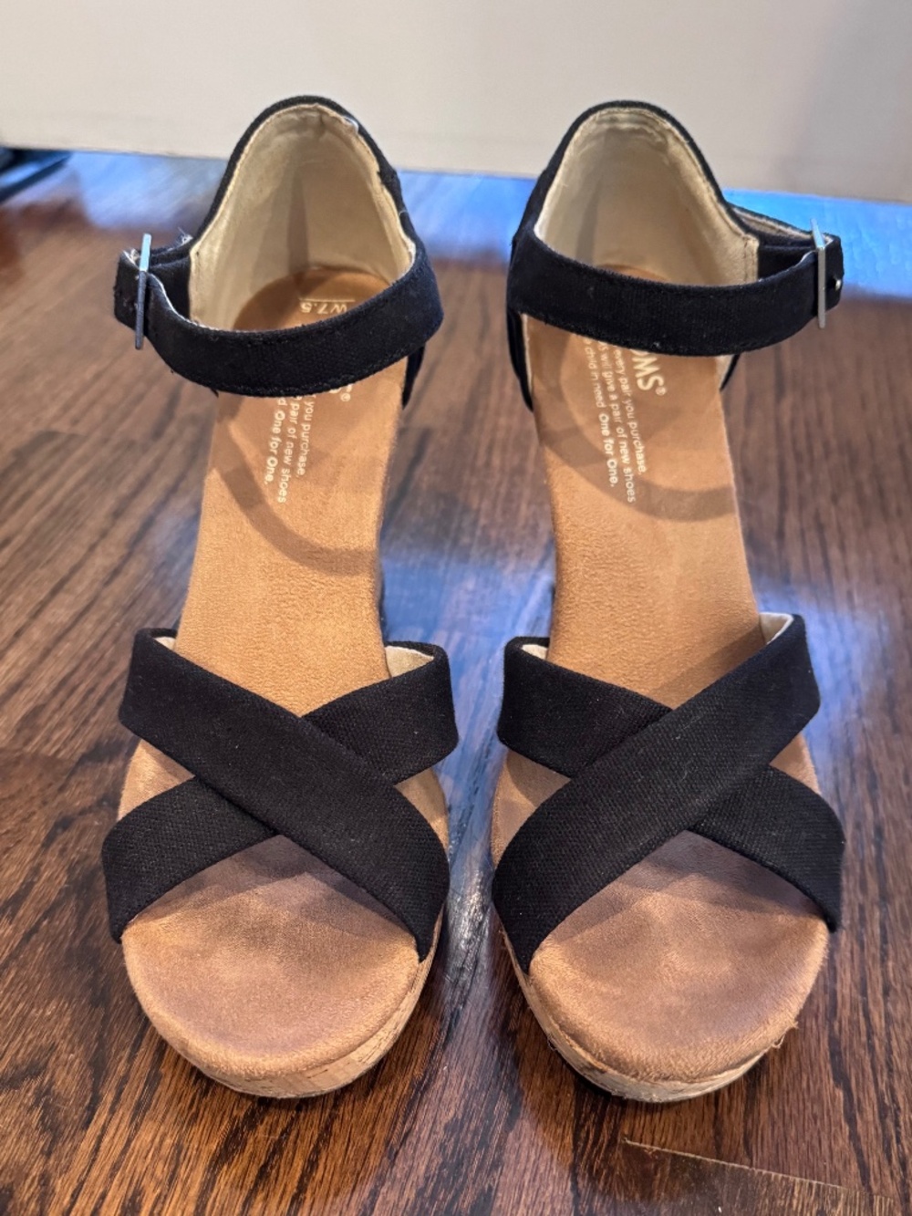 Toms Black Canvas Strap Wedge Sandal - Size 7